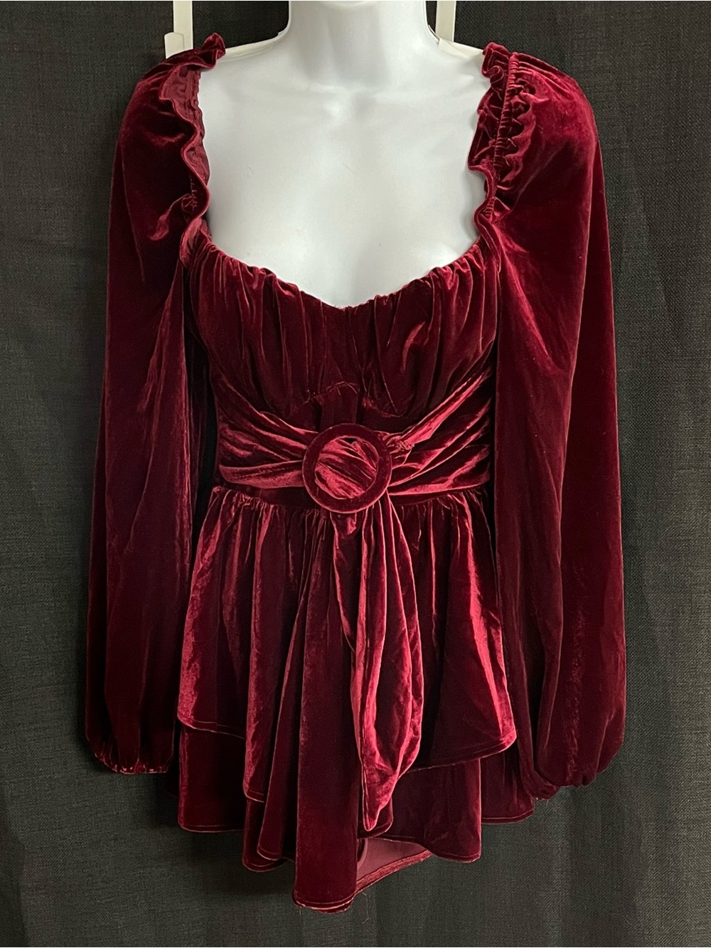 privy Wine Red Velvet Long-Sleeve Peplum Romper size medium